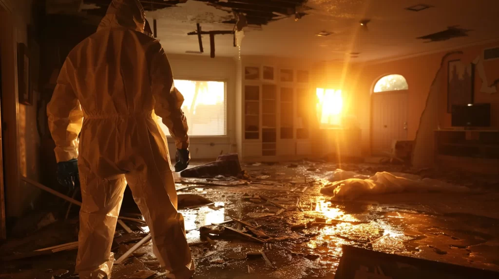 a certified professional inspects a water-damaged room in chula vista, with bright, natural light highlighting the extent of the damage and the urgent need for restoration.