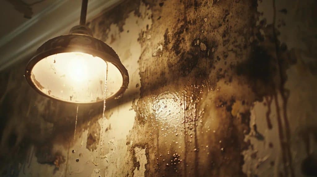 a close-up shot of water-damaged drywall, showcasing dark stains and mold growth, illuminated by soft, diffused natural light to highlight the severity and detail of the deterioration.