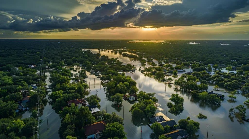 a dramatic aerial view of a flooded landscape, showcasing submerged homes and roads intertwined with vibrant green foliage, under a moody sky filled with dark rain clouds, emphasizing the devastating impact of heavy rainfall and human influence on fragile ecosystems.