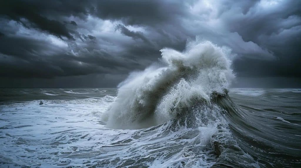 a dramatic coastal scene captures the tumultuous waves crashing against a storm-lashed shoreline, showcasing the power of flooding as dark storm clouds loom overhead and the turbulent sea churns with an unmistakable sense of urgency.