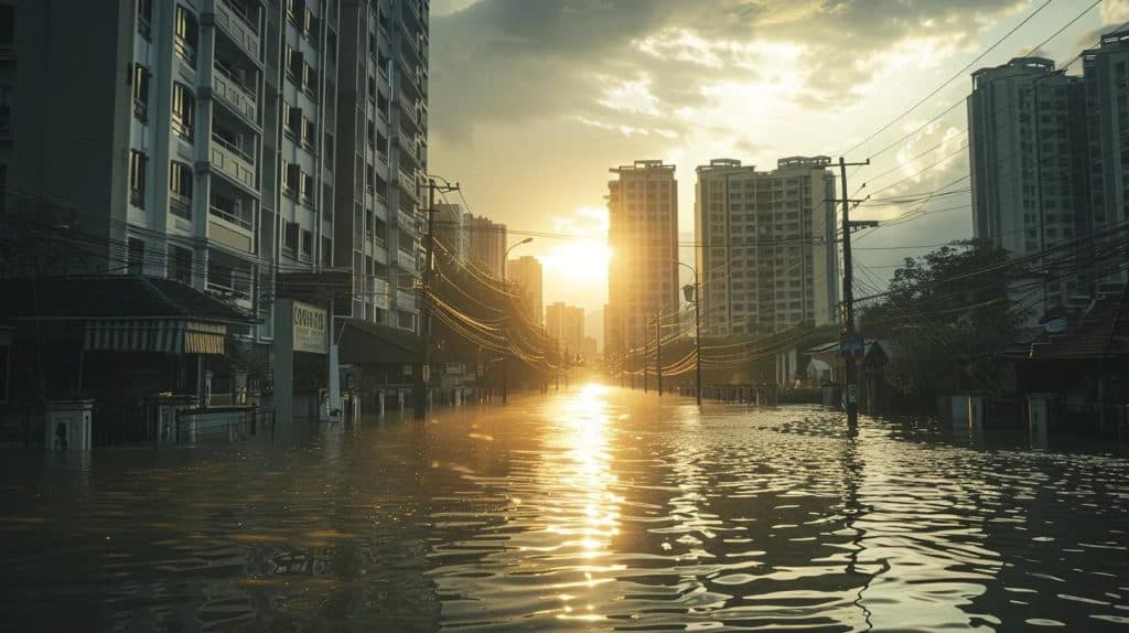 a dramatic contrast showcases a flooded urban street, awash in murky water, juxtaposed against a pristine area suffering from subtle water damage, illuminated by soft, diffused sunlight filtering through a clouded sky.