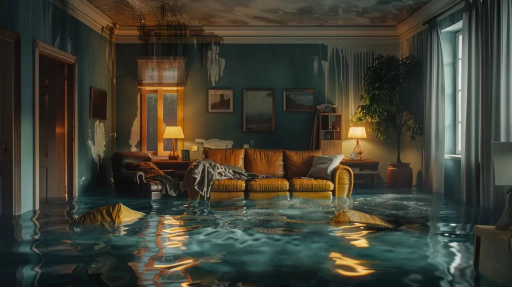 a dramatic depiction of a flooded living room, with water rising around furniture and soaked walls, illustrating the devastating impact of water damage on a homeowner's life and the urgent need for effective claims assistance.