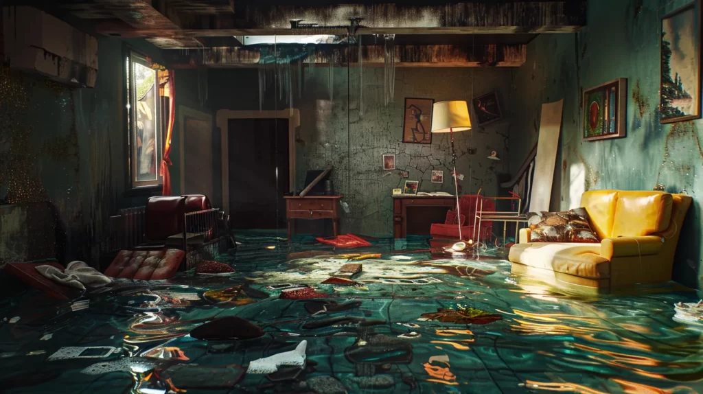 a dramatic, high-contrast image showcases a vibrant interior flooded with water, highlighting the urgent need for prompt and effective water damage response.