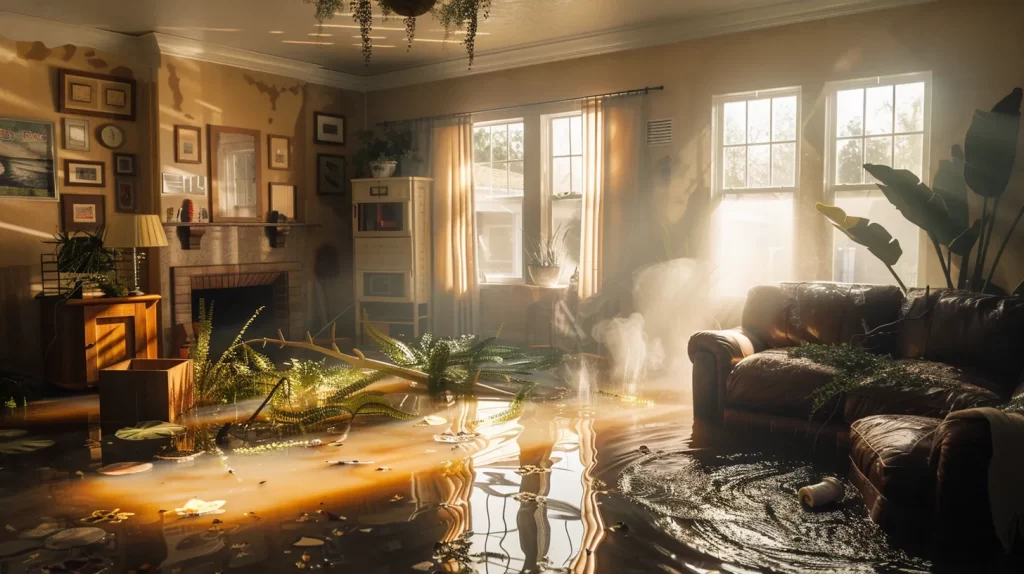 a dramatic split scene showcasing the contrast between professional water extraction techniques and chaotic diy methods in a flooded chula vista home, illuminated by natural light filtering through a large window.