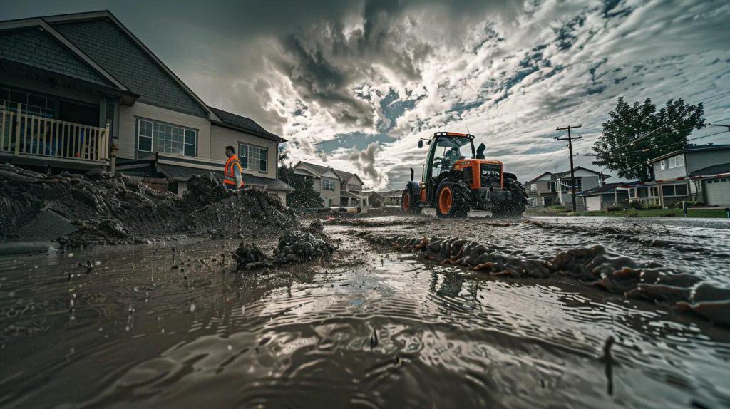 a dynamic scene of local water damage restoration professionals efficiently utilizing high-powered equipment to mitigate flood damage, surrounded by a rain-soaked landscape under dramatic stormy skies, capturing the urgency and expertise required in emergencies.