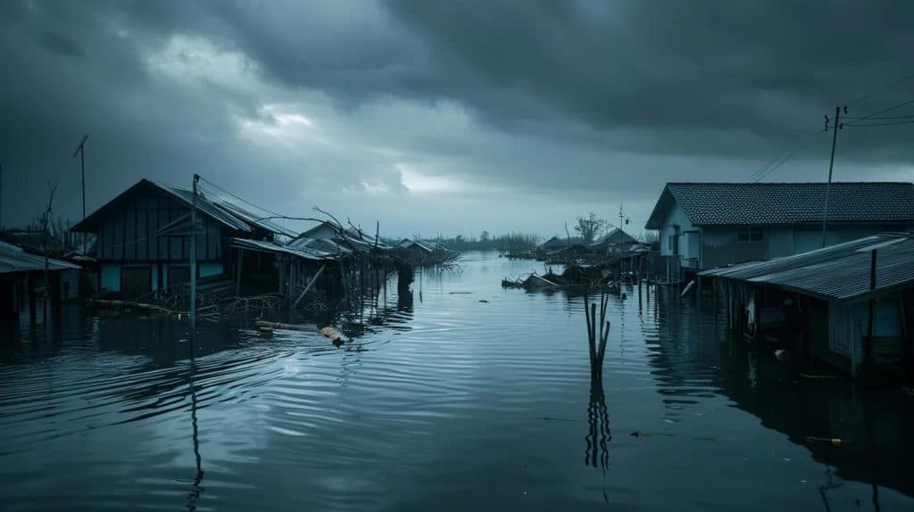 a haunting landscape of a flooded community, where submerged homes and debris contrast sharply with the rising water, illuminated by a somber, overcast sky, evoking the profound impact of natural disasters on human lives and ecosystems.