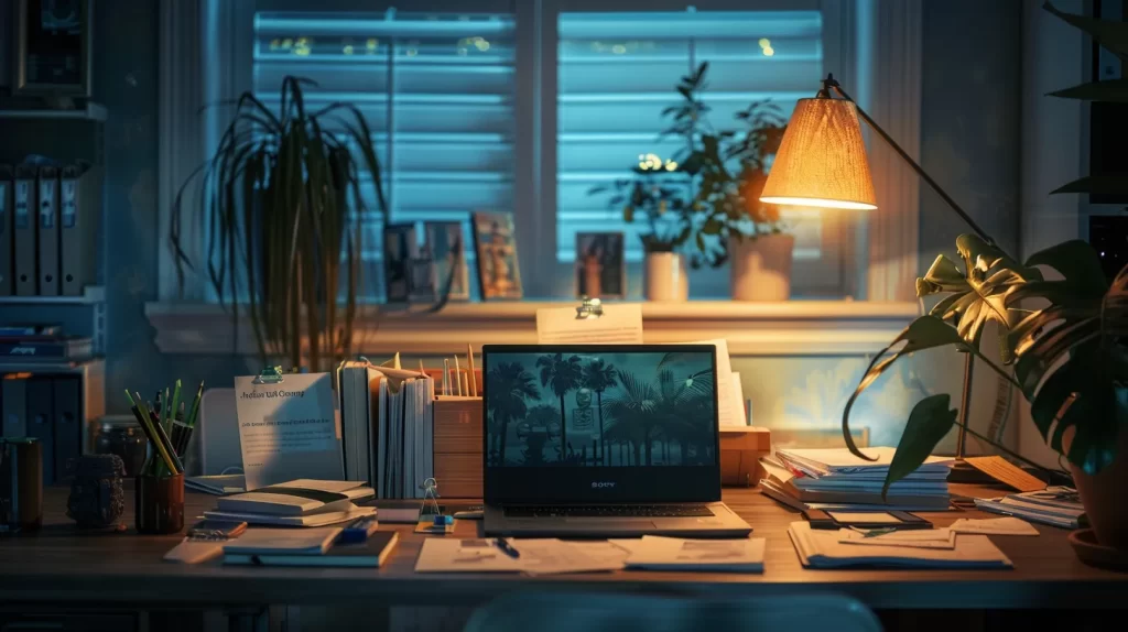 a meticulously organized workspace illuminated by soft, natural light, showcasing essential documents and photographs related to water damage claims, symbolizing the careful navigation of the claims process.