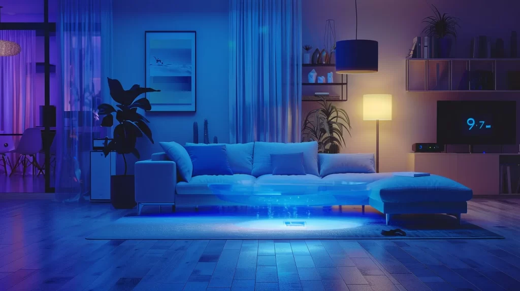 a modern, high-tech living room with an innovative water damage monitoring system showcases sleek design elements and a serene atmosphere, highlighting the future of home insurance advancements in technology and environmental awareness.