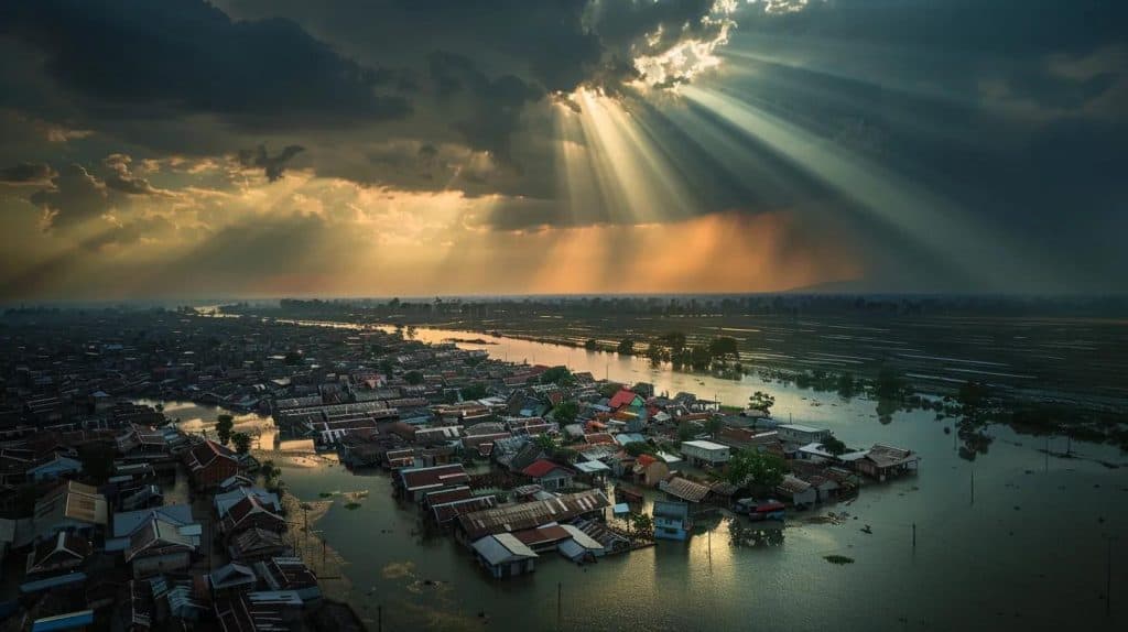 a powerful scene of a community rallying together amidst a flooded landscape, showcasing resilience and recovery efforts as homes are surrounded by water, under a dramatic sky illuminated by rays of sunlight breaking through heavy clouds.