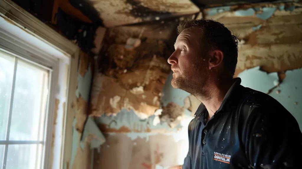 a professional in a pristine, water-damaged home carefully inspects soaked drywall with a confident expression, illuminated by soft, natural light filtering through a nearby window, conveying trust and expertise in water damage assessment.