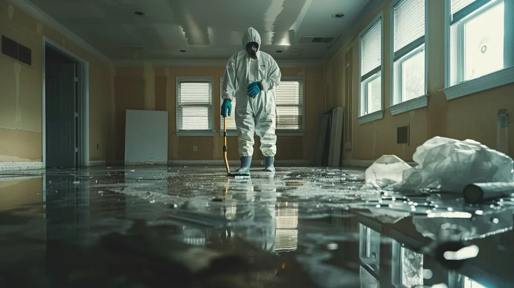 a professional in protective gear expertly assesses water-damaged property, highlighting the contrasting textures of wet surfaces and the gleaming tools prepared for restoration in a well-lit, spacious interior.