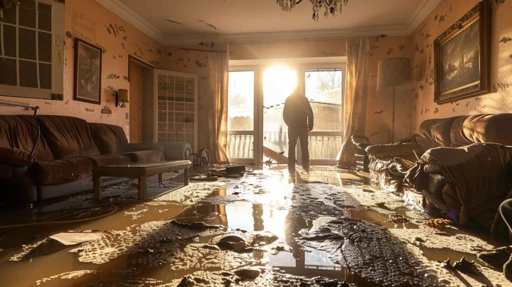 a professional water damage restoration expert methodically assesses a flooded living room, with waterlogged furniture and debris, illuminated by natural light streaming through an open window, emphasizing the urgent need for effective recovery and environmental safety.