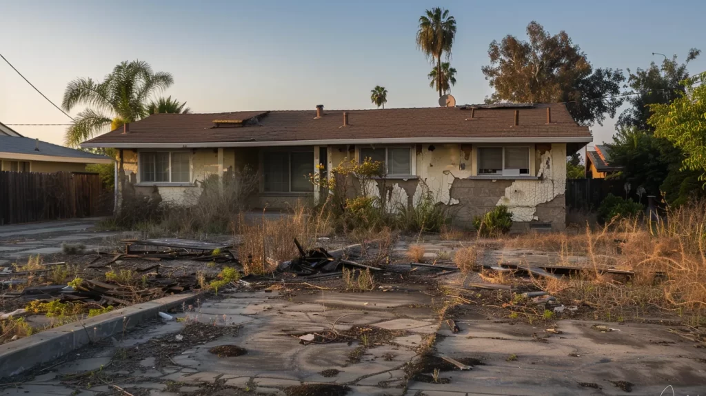 a serene chula vista landscape captures a weathered home with visible water damage, showcasing damp walls and emerging mold, under soft, diffused lighting that highlights the importance of assessing and understanding the impact of water intrusion.