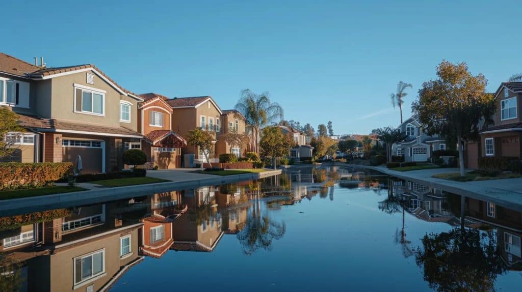 a serene chula vista neighborhood, freshly restored after water damage, showcases a vibrant house with gleaming windows reflecting the clear blue sky, symbolizing renewal and the importance of choosing a reliable restoration service.