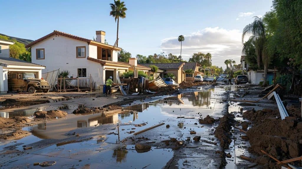 a serene chula vista neighborhood is depicted with a home undergoing water damage restoration, showcasing workers diligently repairing water-soaked walls under soft afternoon sunlight, conveying hope and resilience.