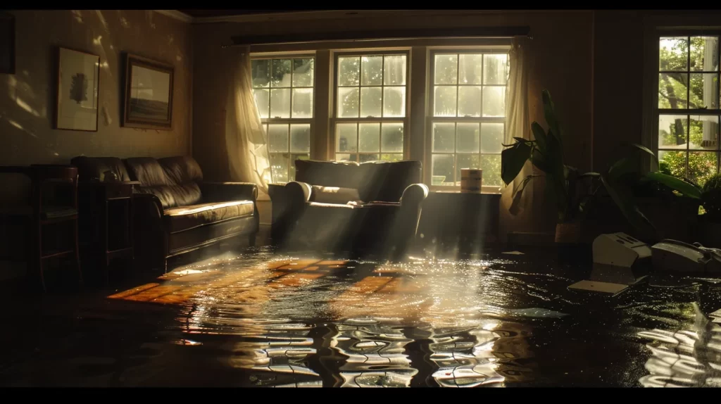 a serene, flooded living room with cascading water from a ceiling leak, highlighting the stark contrast between cozy home furnishings and the destructive force of water damage, illuminated by soft, natural light filtering through the windows.