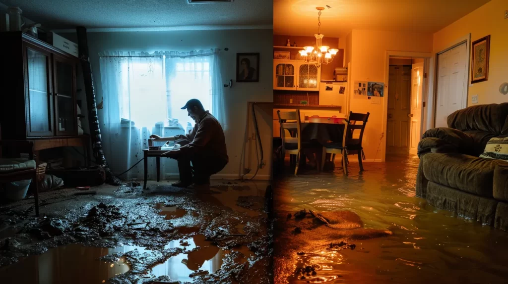 a split-screen image showcasing a homeowner using a moisture meter in a dimly lit room on one side, and a professional technician expertly assessing damage with an infrared camera on the other, highlighting the contrast between diy and expert evaluation in water damage assessment.