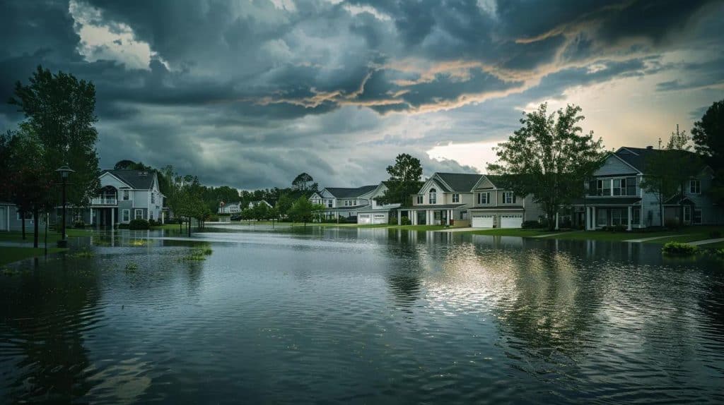 a stark contrast between a serene suburban neighborhood and an engulfing flood, showcasing the destructive power of water as it rises dramatically against homes, with dark storm clouds looming overhead.