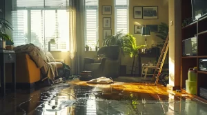 a striking image of a professional water damage assessment in a sunlit living room, showcasing advanced equipment and vibrant water-damaged areas that highlight the contrast between professional remediation and ineffective diy solutions.