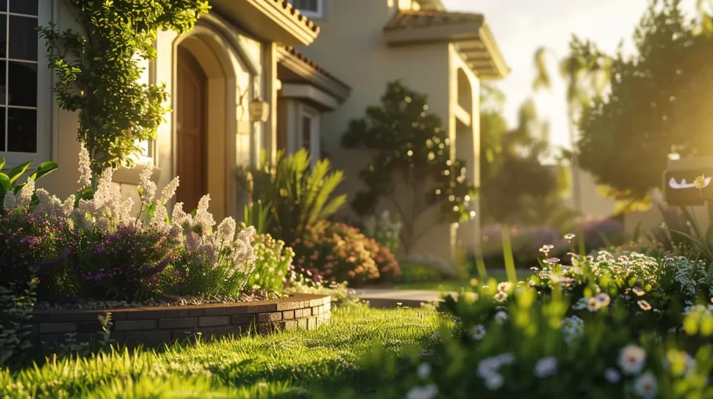 a stunning image captures a picturesque chula vista home bathed in warm sunlight, showcasing vibrant landscaping and a well-maintained exterior, symbolizing protection against water damage with focused drainage systems and preventative care.