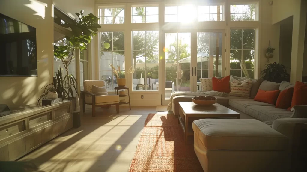 a sunlit chula vista living room, with bright natural light streaming through large windows, highlights the aftermath of water damage restoration, showcasing vibrant colors of a freshly restored interior and serene, inviting atmosphere.