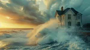 a tumultuous sea crashing against a sturdy house, illustrating the stark contrast between the dangers of water damage and the protection offered by home insurance, captured in dramatic twilight lighting with vibrant waves and a resilient structure.