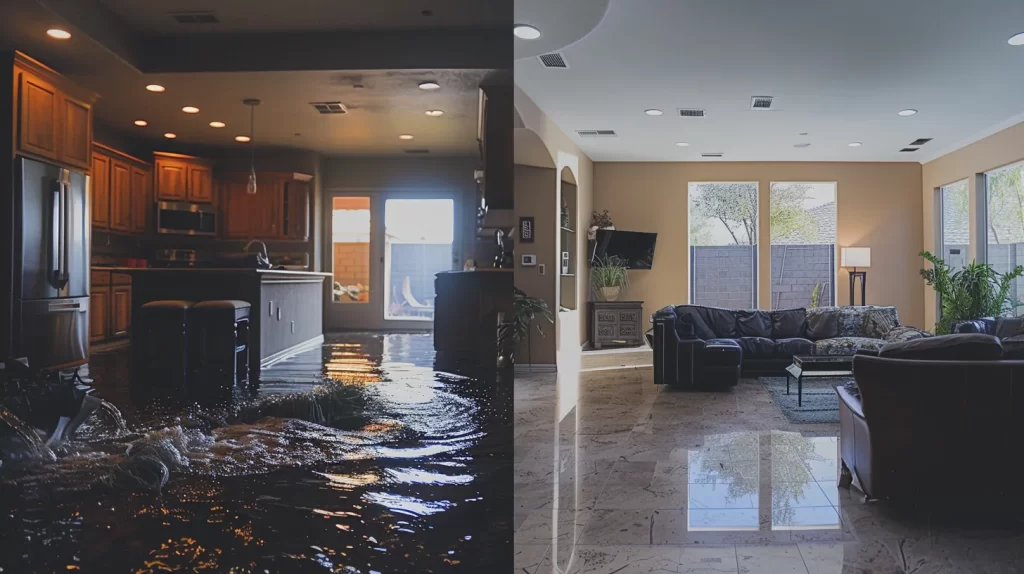 a vibrant before-and-after scene of a beautifully restored home in chula vista, showcasing the dramatic transformation from severe water damage to a stunning, dry living space bathed in natural light, highlighting the success of professional restoration services.