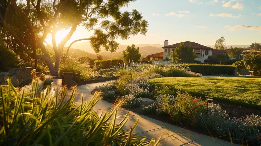 a vibrant chula vista landscape showcasing a well-maintained home surrounded by thoughtful landscaping and effective drainage systems, illuminated by warm sunlight, symbolizing proactive measures against water damage.