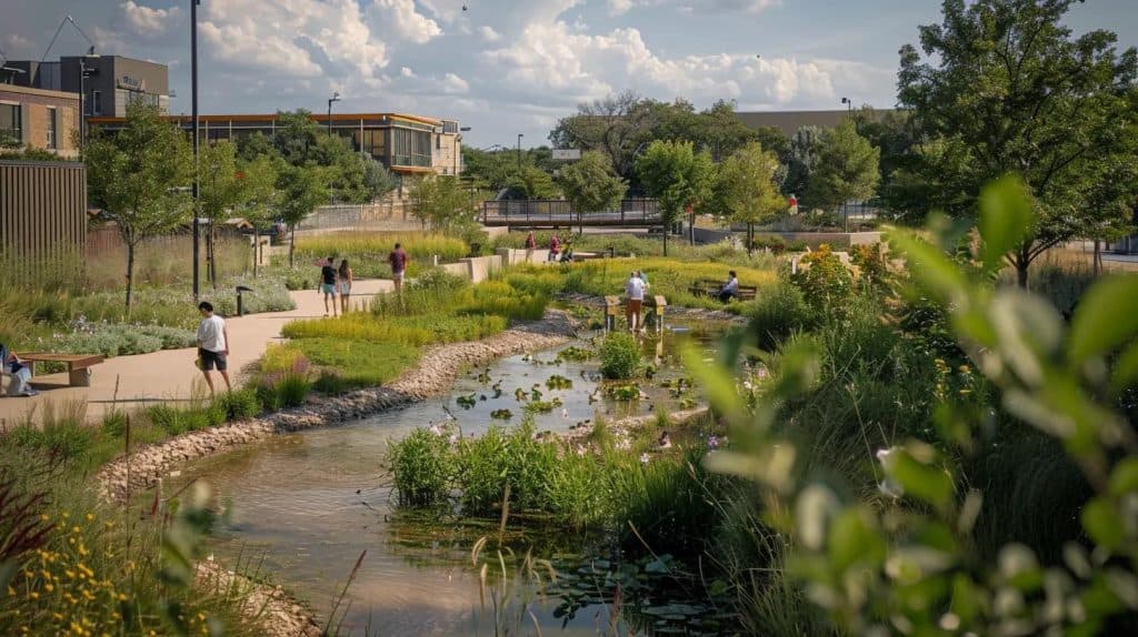 a vibrant community landscape showcases resilient infrastructure and green spaces designed for flood management, with people actively engaging in preparedness workshops under a bright, hopeful sky.