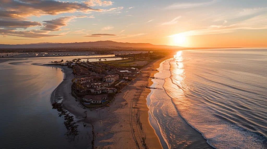 a vibrant sunset casts a warm golden glow over the picturesque chula vista shoreline, highlighting the gentle waves lapping against the sandy beach.