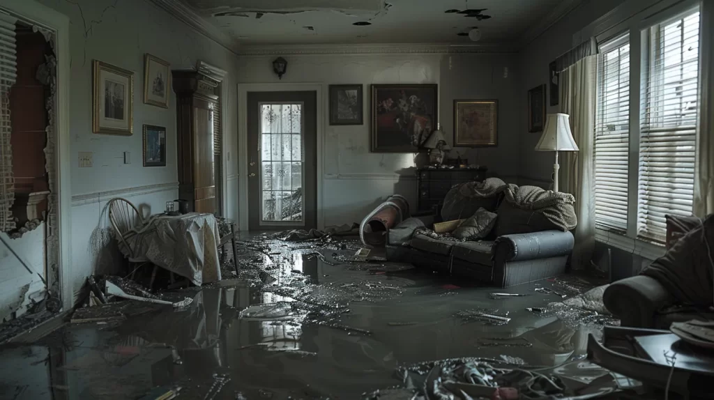 a visually striking scene of a water-damaged home interior with stark contrasts between dark, sodden walls and the remnants of everyday life, highlighting the emotional and financial impact of water damage on homeowners.