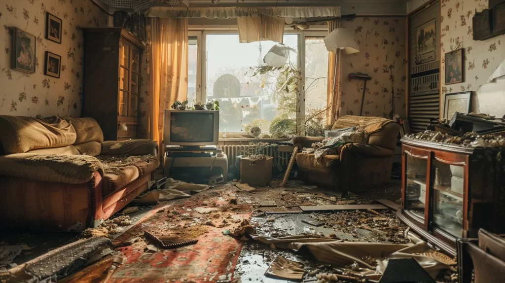 a vivid scene of a water-damaged living room, showcasing soaked carpets and peeling wallpaper, illuminated by natural light filtering through a window, capturing the urgency and chaos of homeowner responsibilities in the aftermath of the disaster.