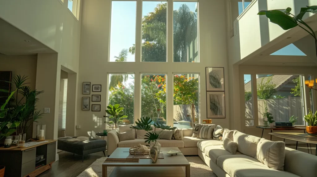 an inviting chula vista home showcases a professionally restored interior, featuring pristine walls and furniture, illuminated by soft natural light filtering through open windows, symbolizing the reassuring effects of expert water damage restoration services.