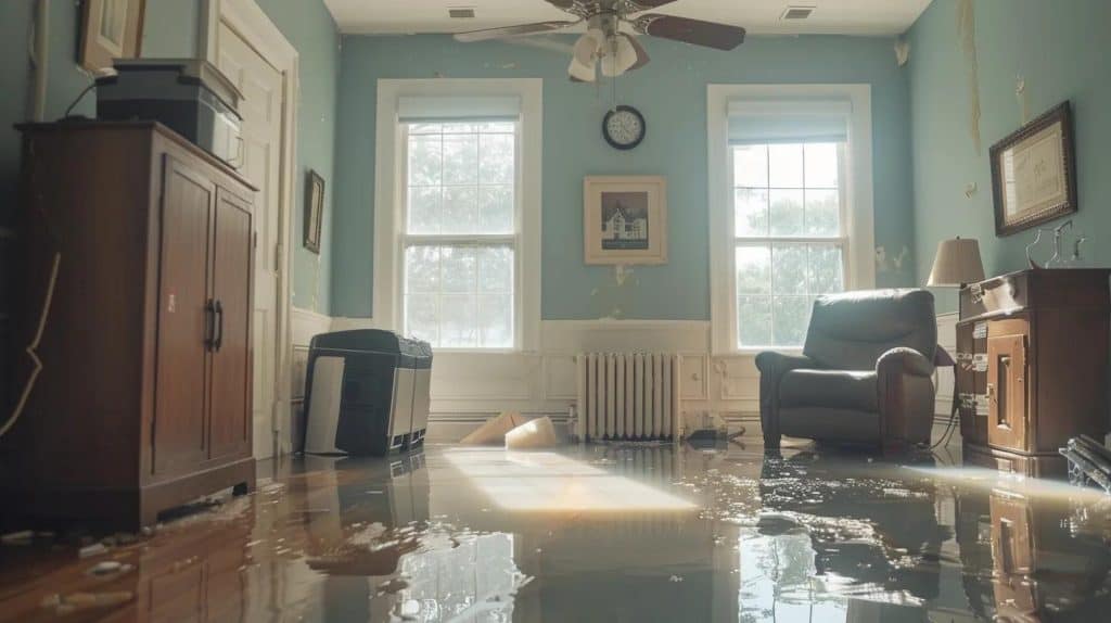 a pristine, sunlit room reveals the transformation of water damage restoration, showcasing gleaming dehumidifiers and sophisticated drying equipment amid freshly cleaned surfaces and vibrant, restored décor.