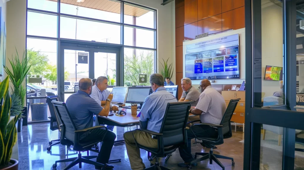 a bustling office setting showcases a diverse group of professionals engaged in a lively discussion around a table, with a prominently displayed digital screen featuring positive local reviews and testimonials for water restoration services in vibrant, eye-catching graphics.