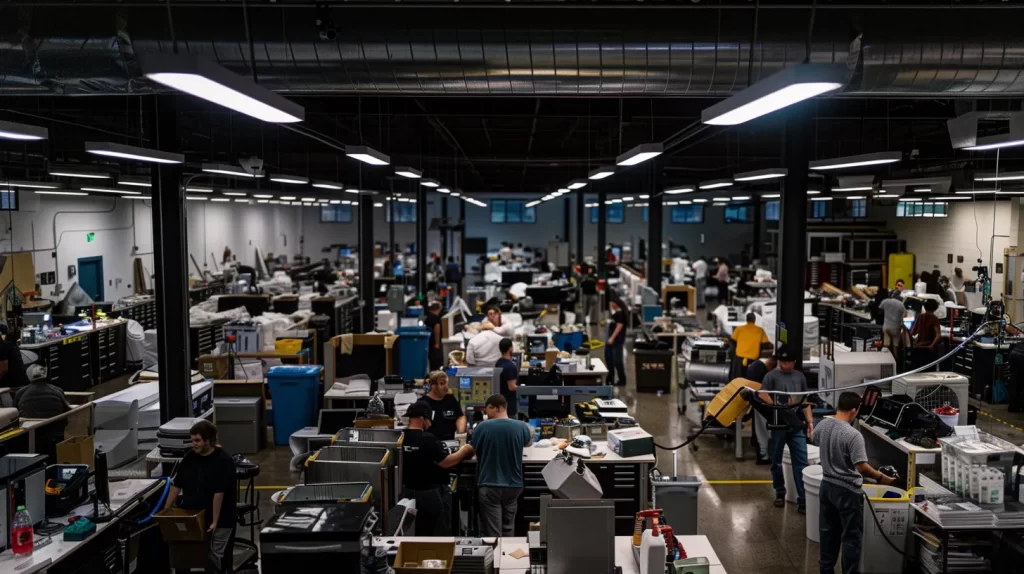 a bustling urban emergency response center, illuminated by bright overhead lights and filled with dedicated technicians swiftly preparing equipment, like dehumidifiers, as they coordinate rapid water restoration assistance for clients facing plumbing disasters.