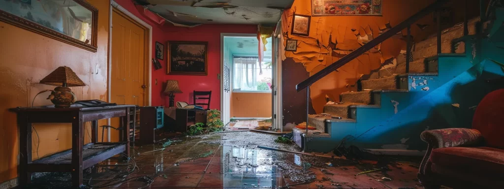 a detailed interior shot of a san diego home showcasing visible water damage on the walls and ceiling, with a contrast of vibrant colors highlighting the severity of the issue and the urgency for repair.