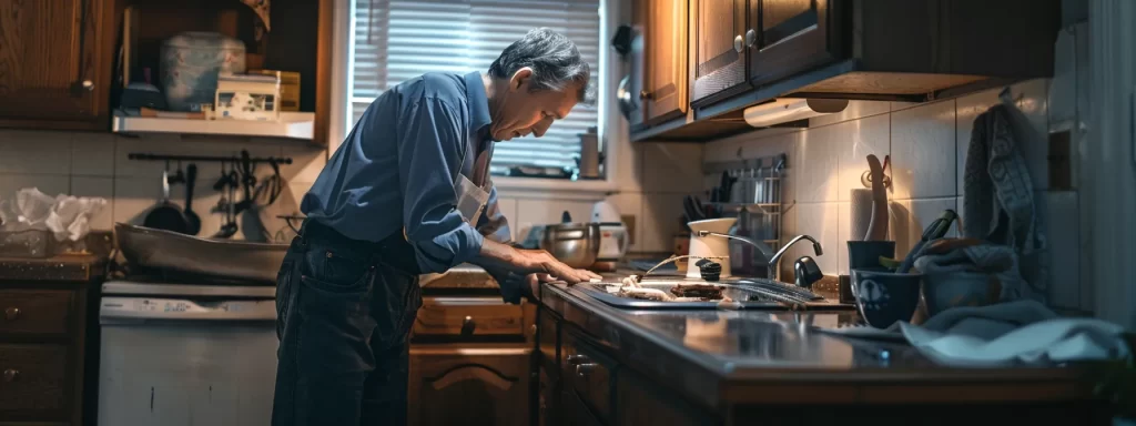 a detailed kitchen damage evaluation scene showcases a professional inspector examining warped cabinets and moisture-damaged countertops under bright, focused artificial lighting in a modern, clutter-free kitchen setting.