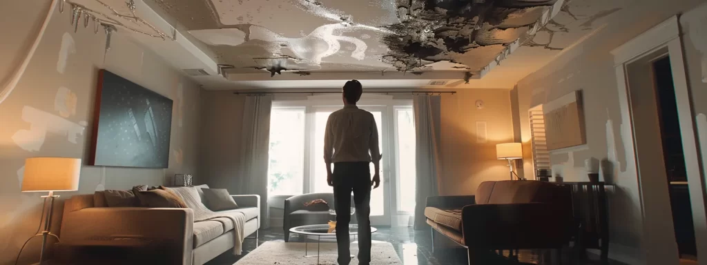 a focused interior shot of a well-lit, modern living room showcasing noticeable water damage on a textured ceiling, with a homeowner inspecting the area thoughtfully, emphasizing the importance of early detection in mitigating further issues.