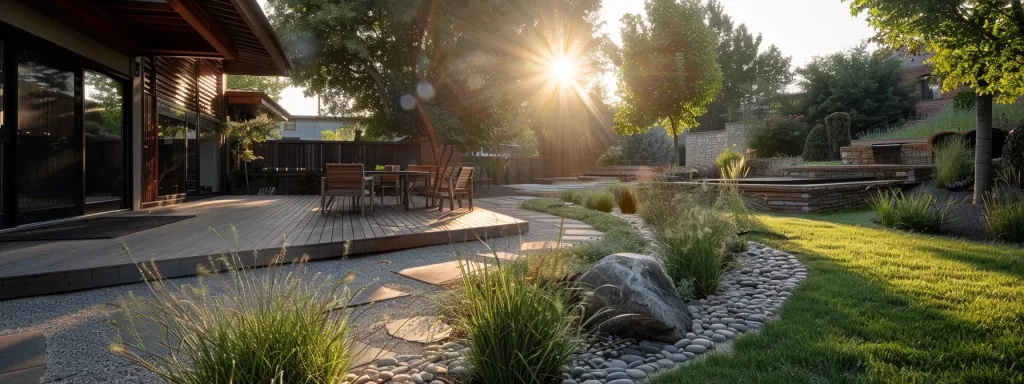 a meticulously designed residential landscape featuring strategic drainage features and an automated irrigation system, showcased in a modern suburban setting to highlight the importance of landscaping in mitigating water damage around homes.