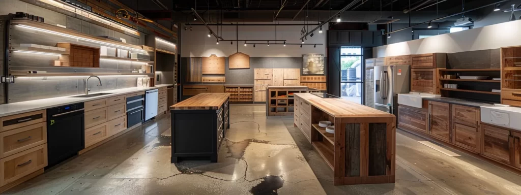 a modern kitchen under renovation displays a vibrant mix of salvaged cabinets and new materials, with water-damaged wood pieces awaiting repair, highlights of sleek countertop samples, and flooring options showcased, all illuminated by bright overhead lighting to emphasize the transformation process.