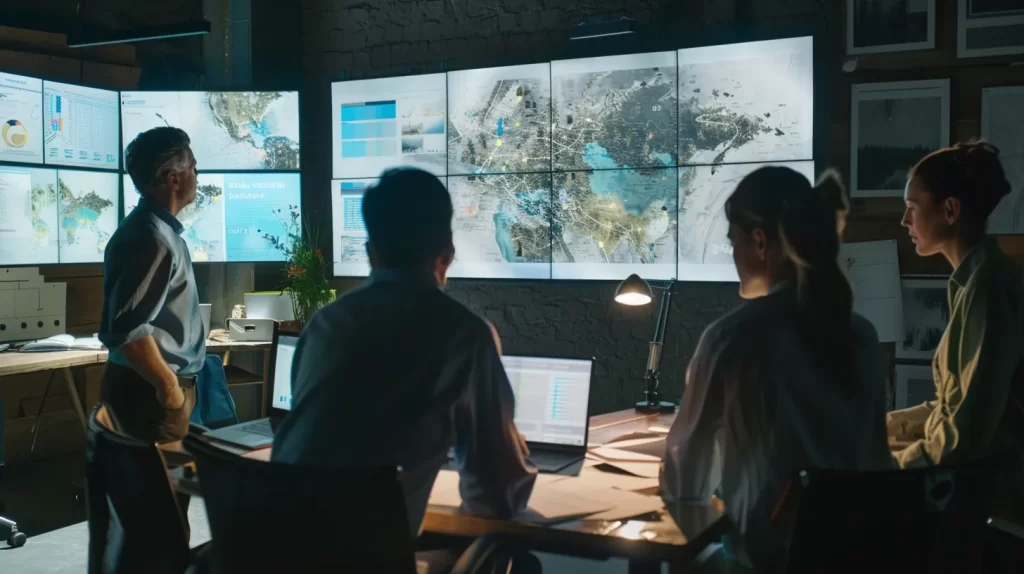 a modern office environment showcases a team of professionals engaged in a collaborative meeting, emphasizing the urgency and expertise of local water damage restoration companies as they analyze maps and discuss strategies to swiftly address community-specific water issues.