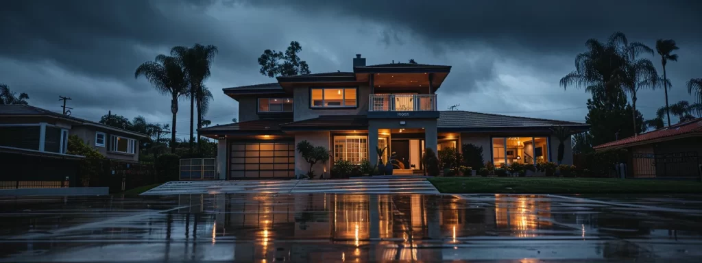 a modern san diego home stands resilient against stormy weather, showcasing reinforced structures and glistening water-resistant materials, illuminated by dramatic overhead lighting that highlights the importance of effective water damage restoration strategies.