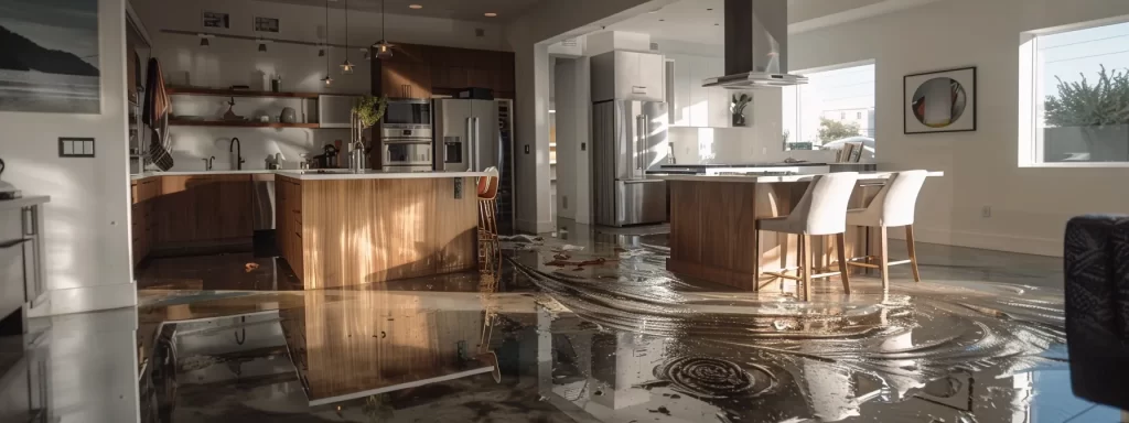a modern san diego kitchen showcases water damage with visibly soaked walls and a distressed floor, highlighting the urgent need for restoration amidst stylish appliances that contrast the chaos.