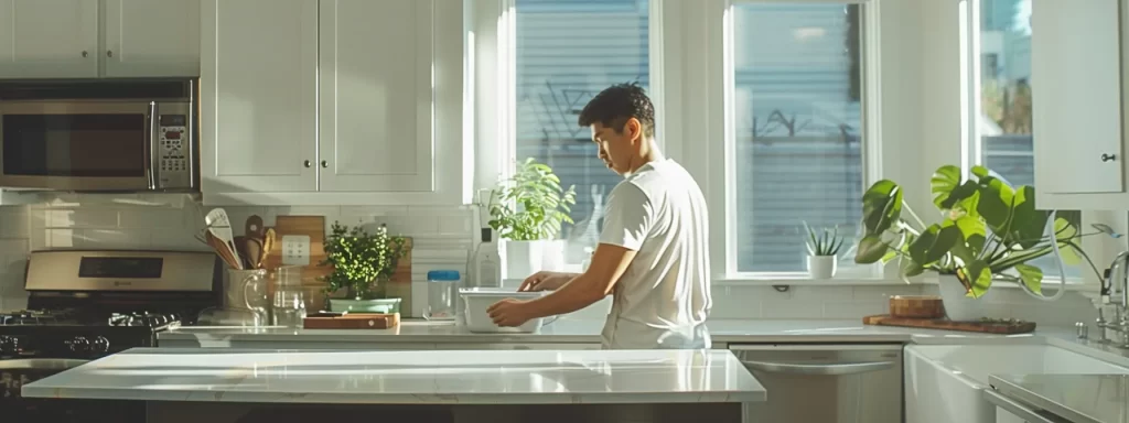 a pristine kitchen with gleaming countertops and visibly clean surfaces showcases a focused homeowner examining areas prone to mold, emphasizing the importance of safe mold cleanup practices in a modern, well-lit interior environment.