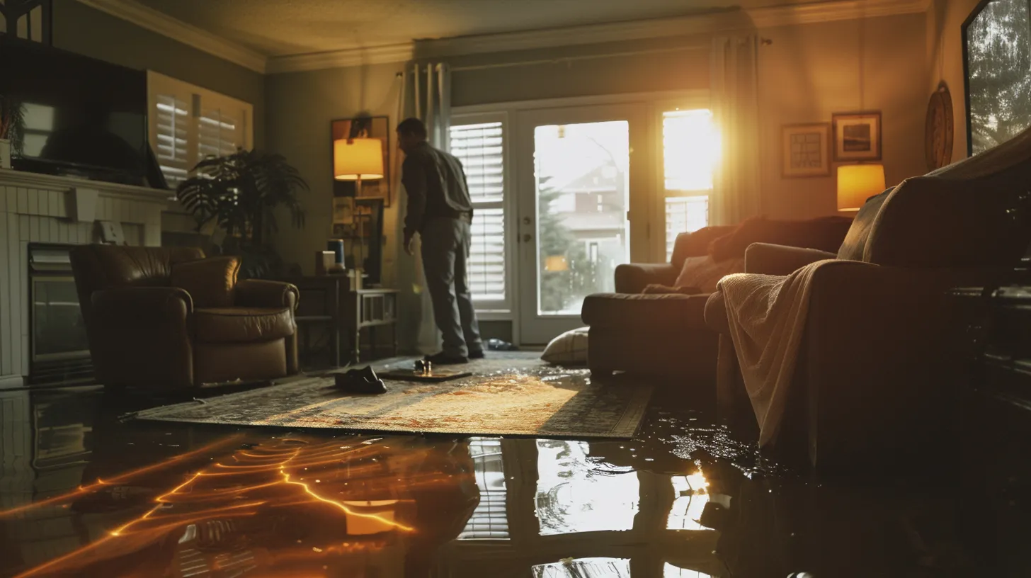 a professional restoration team meticulously inspects a water-damaged living room, equipped with advanced tools under warm, focused office-like lighting, conveying a sense of urgency and expertise in customer service.