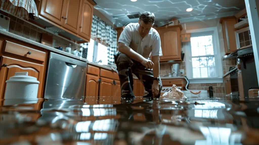 a professional water damage restoration technician attentively inspects a flooded urban home, surrounded by advanced equipment and customized solutions, illustrating the personalized customer service that builds trust and enhances the restoration process.