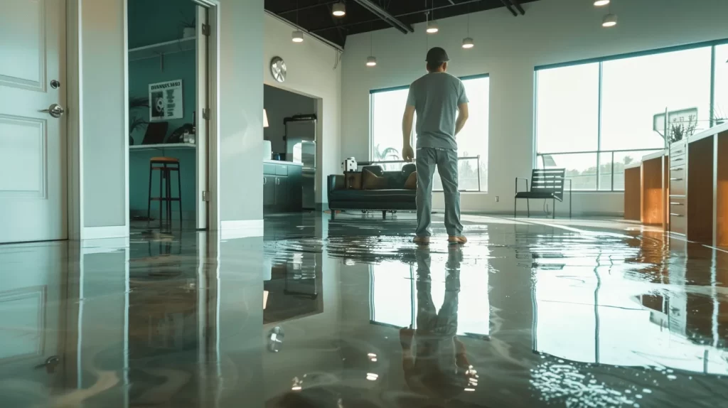 a professional water restoration technician surveys a modern office space with advanced equipment, emphasizing the importance of local expertise in effective water damage recovery.