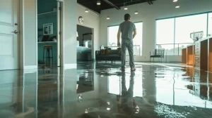 a professional water restoration technician surveys a modern office space with advanced equipment, emphasizing the importance of local expertise in effective water damage recovery.
