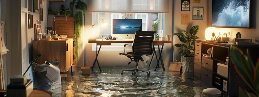 a professionally designed urban home office showcases a modern water damage assessment station, featuring high-tech monitoring equipment and seasonal preparation materials, emphasizing the importance of winter rain and summer fire risk management for homeowners.